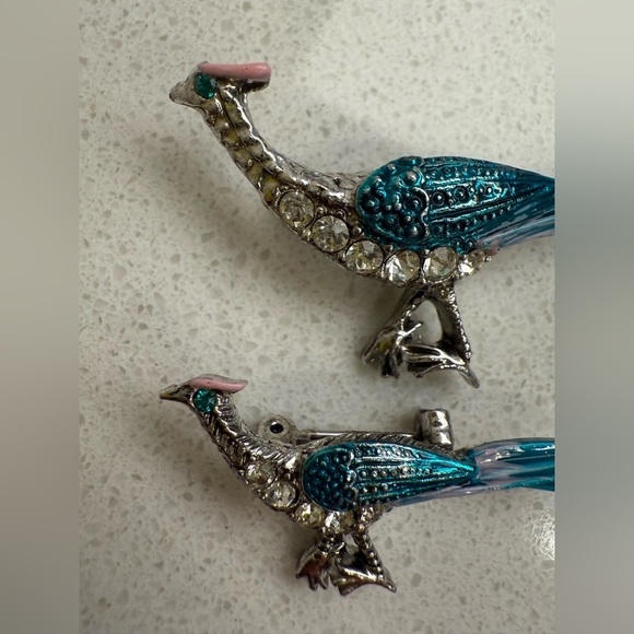 Vintage Pheasant Bird Brooches Pins Set of 2 Silver Tone Enamel Rhinestones - Picture 4 of 7